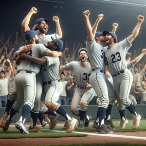 Baseball team celebrates victory.