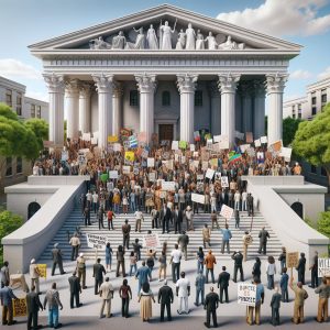 Peaceful protest outside courthouse.