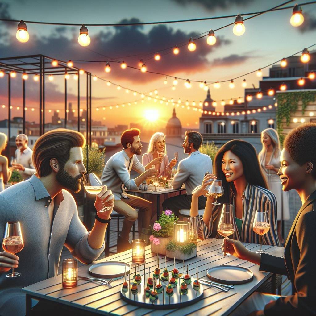 Trendy rooftop dinner party.