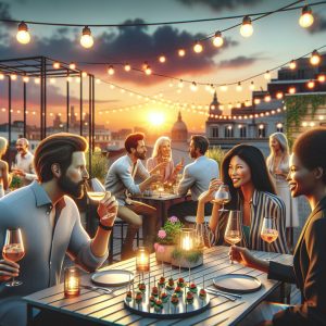 Trendy rooftop dinner party.