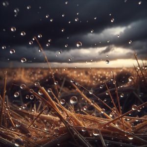 Dry fields with raindrops.