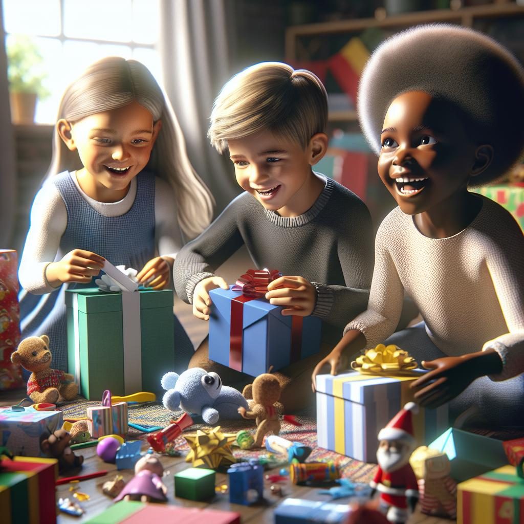 Children opening toy gifts.