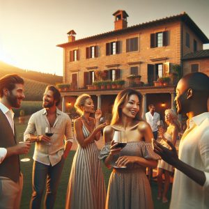 Tuscan villa exterior sunset.