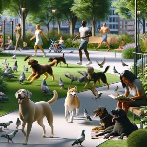 "Dogs enjoying urban parks"