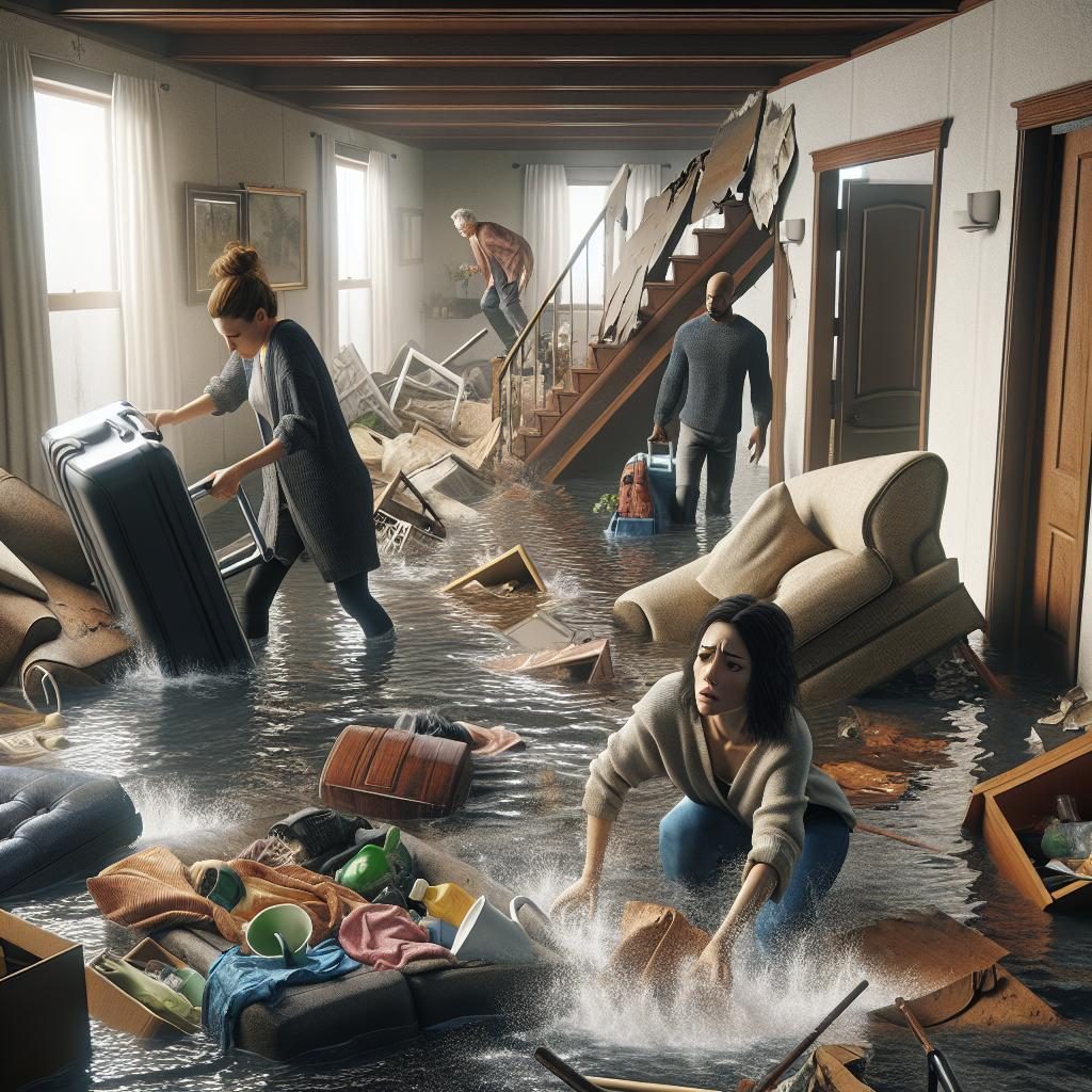 Flooded home interior aftermath.