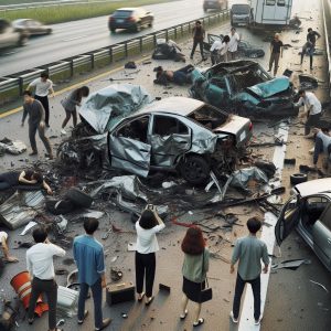 Car wreckage on highway