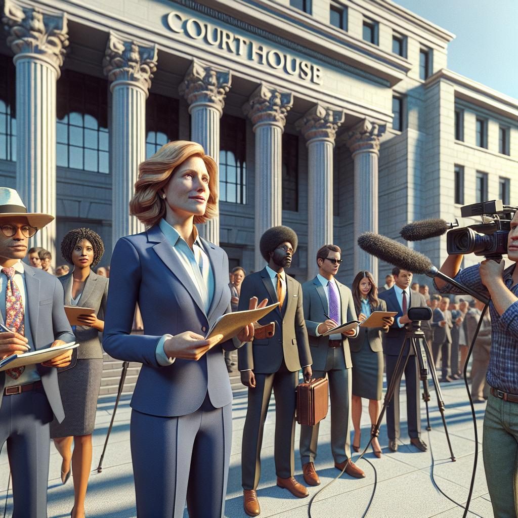 Courthouse exterior with reporters.