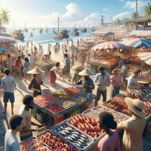 Vibrant beachfront seafood market.