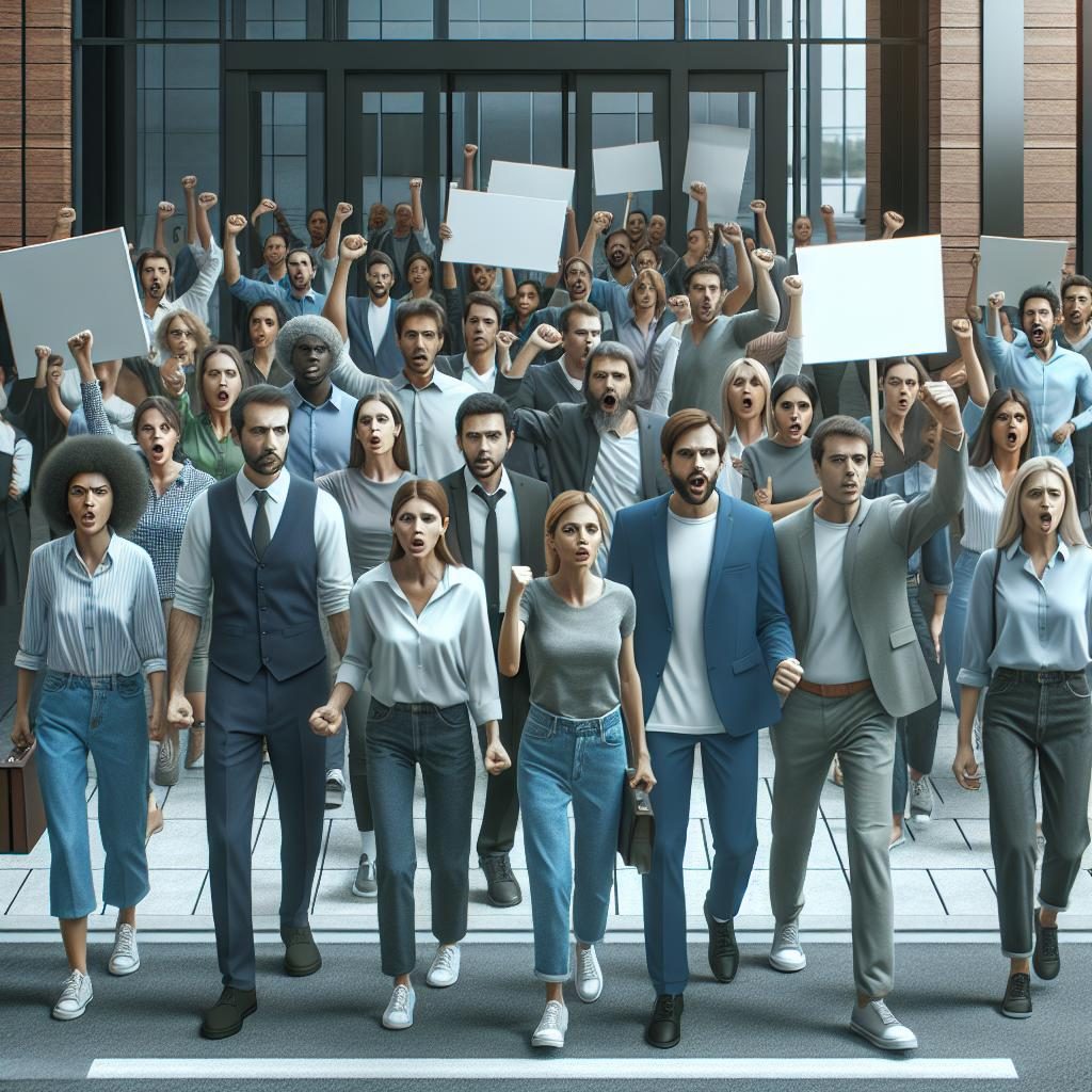 Workers picketing outside office.