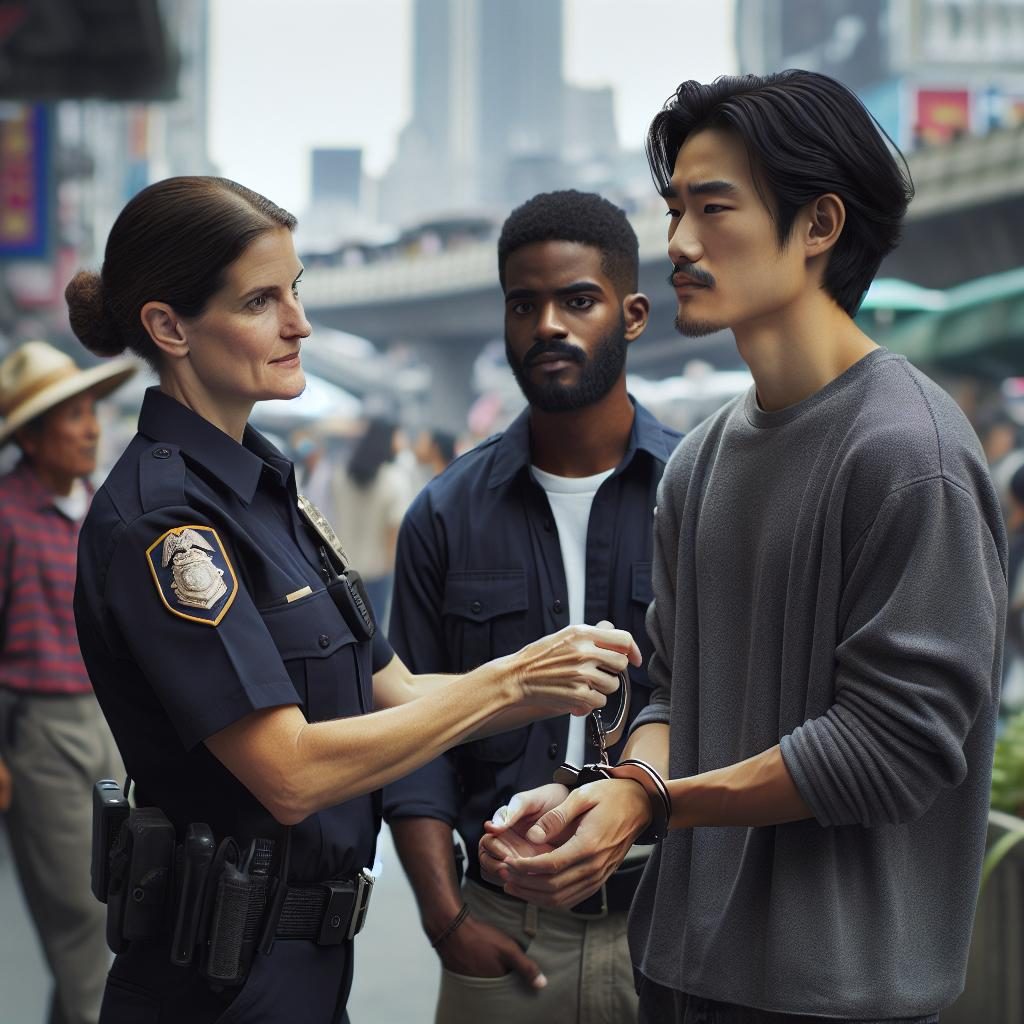 Police officer handcuffing suspect.