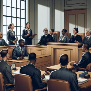 Courtroom bond hearing illustration.