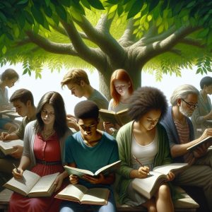 "Students studying under tree"