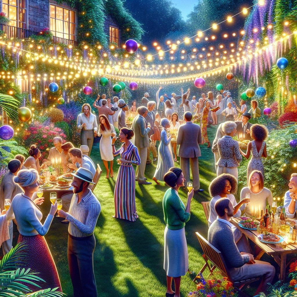 Colorful garden party scene.