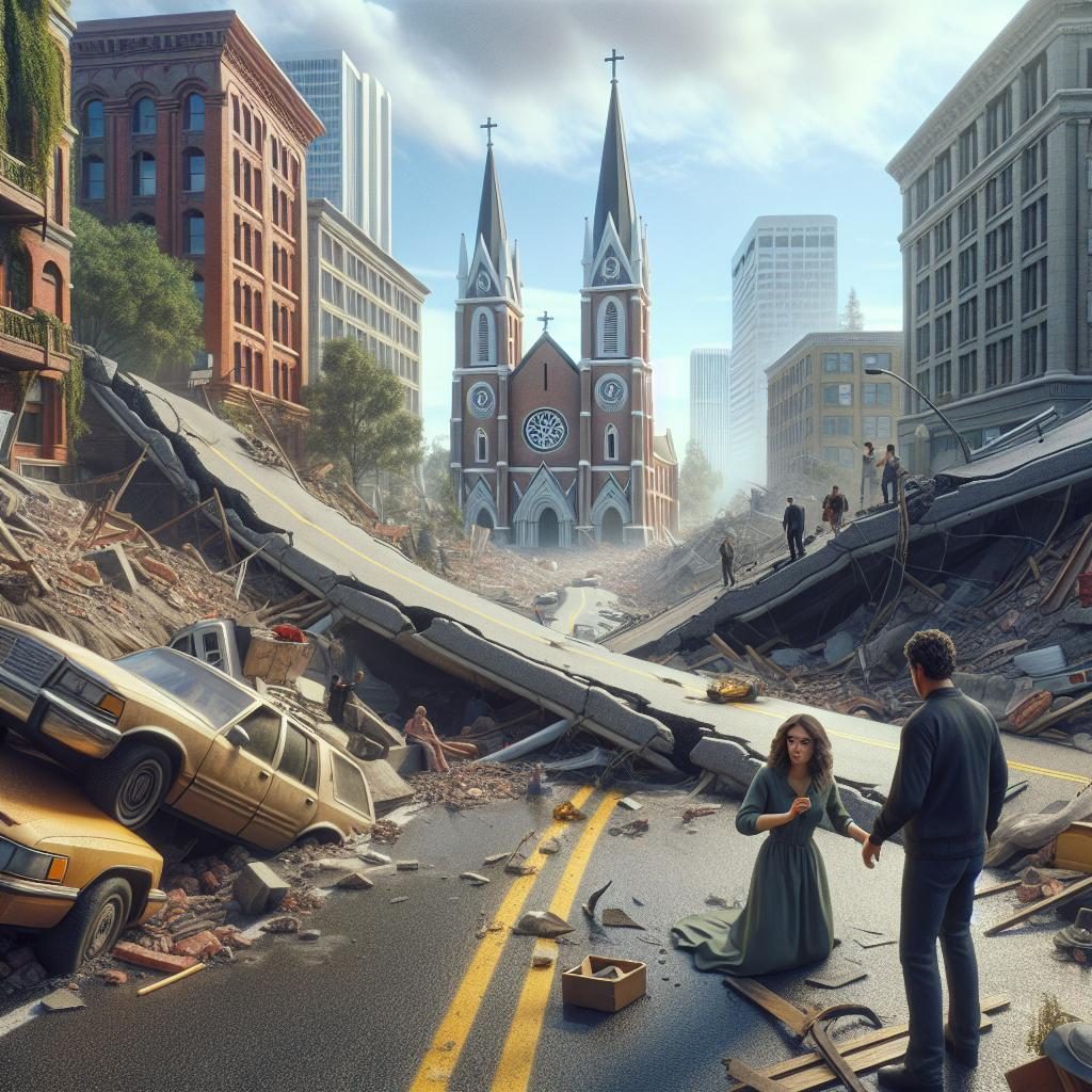 Collapsed road interrupts church.