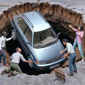 Car stuck in hole.