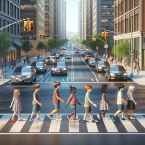 Children crossing street safely.