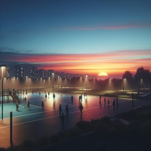 Empty playground at dusk.