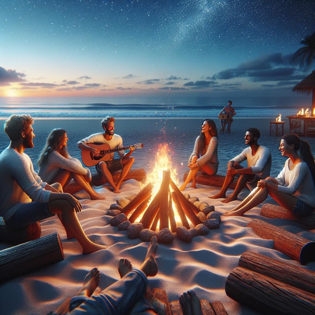 Cozy beach bonfire ambiance