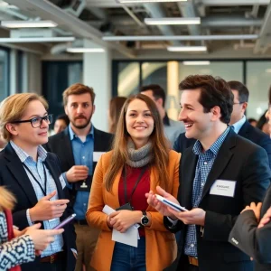 A group of marketing professionals networking and discussing in an office environment.