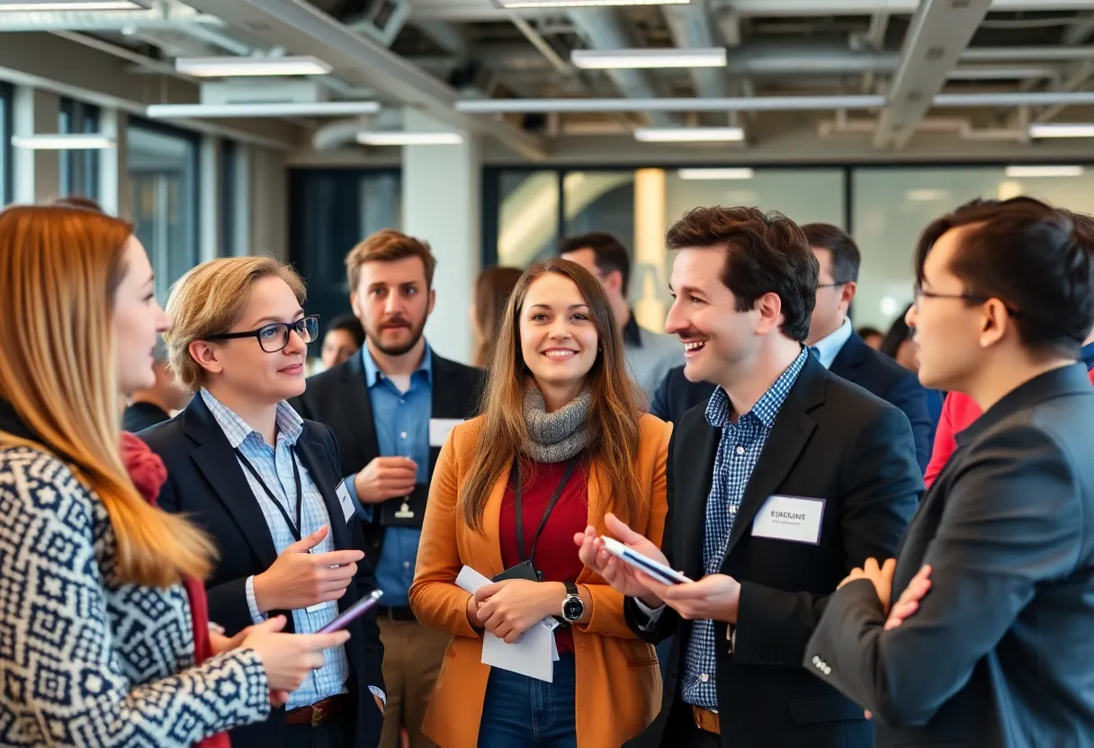 A group of marketing professionals networking and discussing in an office environment.