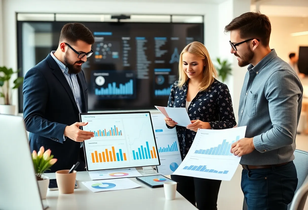 Team analyzing sentiment data in a modern office.