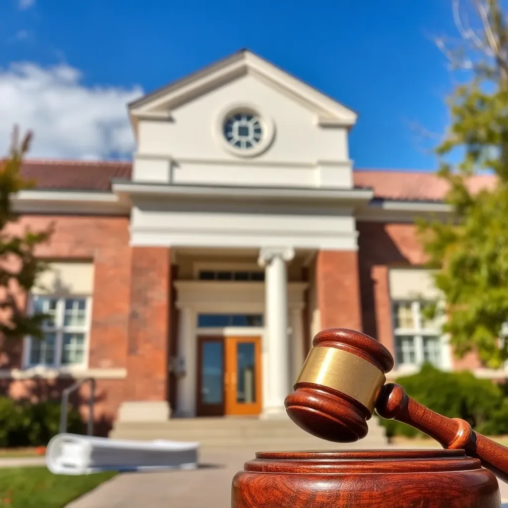 School building with legal documents and gavel in focus.