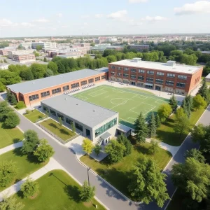 Modern school complex with athletic facilities and green spaces.