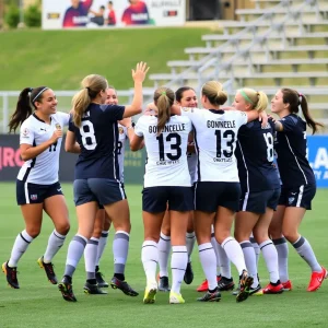 Dynamic women's soccer team celebrating a hard-fought victory.