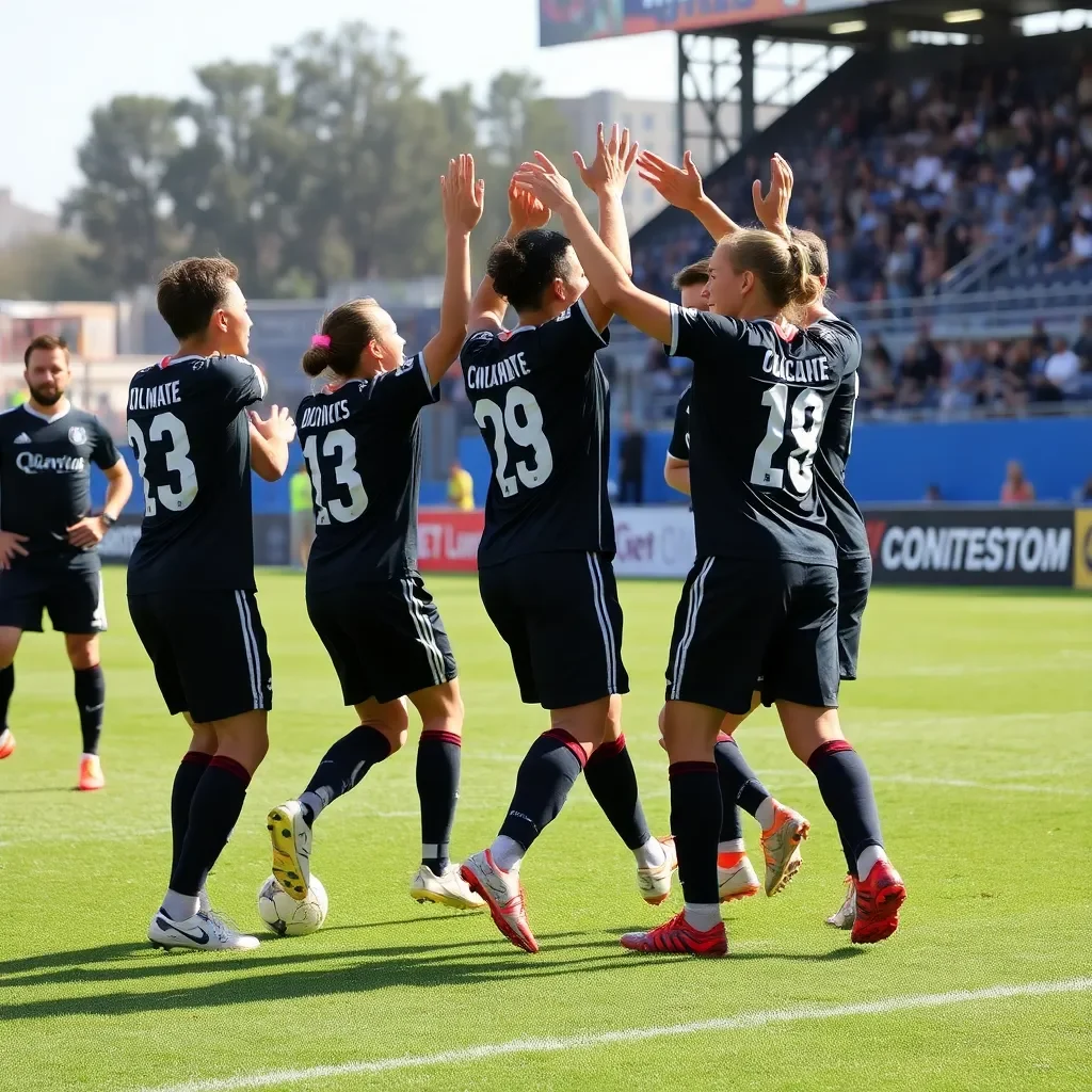 Soccer players celebrating victory in a tournament setting.