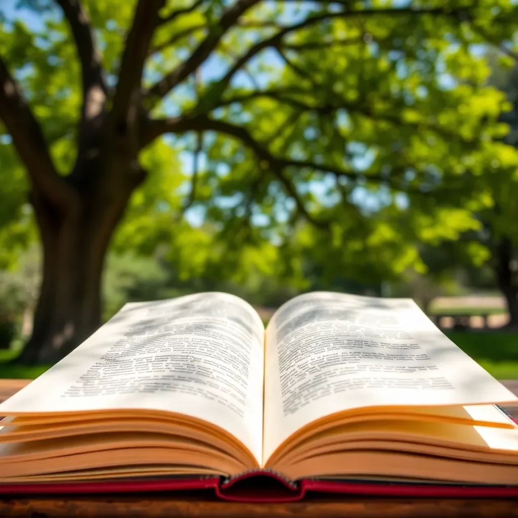 Open books with colorful pages under a sunny tree.