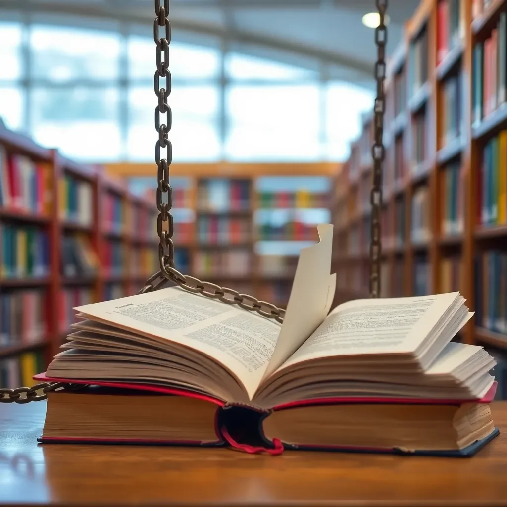 Books with chains breaking in a vibrant library setting.