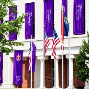 School building adorned with purple banners and military flags.