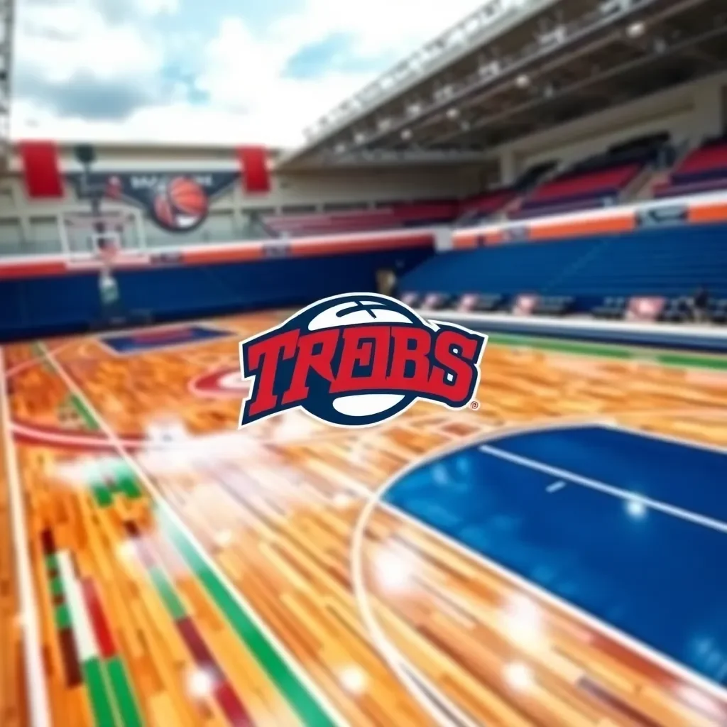 Dynamic basketball court with vibrant team colors and logo.