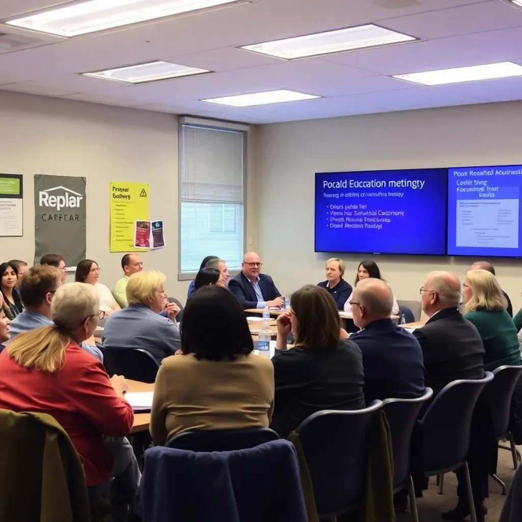 Community meeting with diverse group discussing local education issues.