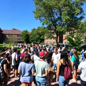 Vibrant campus gathering with students engaging in activities.