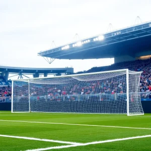 Soccer field with empty goals after a match.