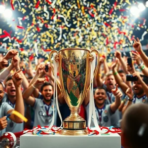 Soccer trophy surrounded by celebratory confetti and fans.