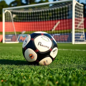 Soccer ball on field with goal in background.