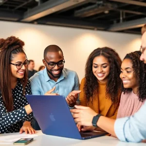 A group of individuals learning digital marketing skills in a modern office environment in Chicago.