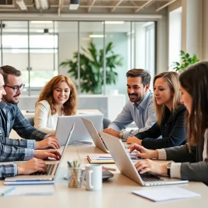 Professionals discussing email marketing strategies in San Francisco office