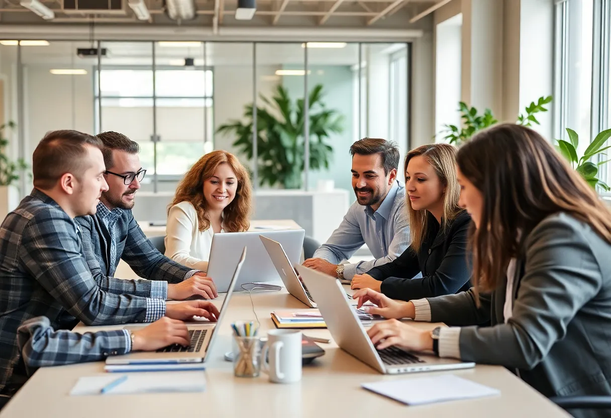 Professionals discussing email marketing strategies in San Francisco office