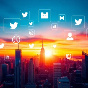 Futuristic social media interface with city skyline.