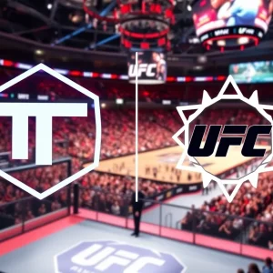 Announcement of the IBM and UFC partnership with visuals of technology and mixed martial arts.