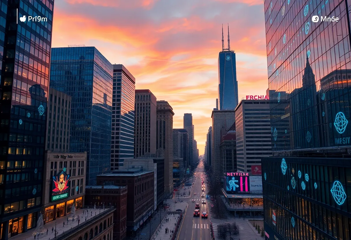 Chicago skyline with digital marketing concepts