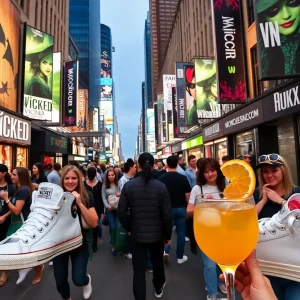 Crowd enjoying Wicked movie merchandise in the city