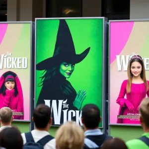 Promotional display for Wicked Movie with stars Cynthia Erivo and Ariana Grande.