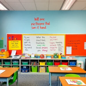 Colorful classroom with inspirational quotes and learning materials.