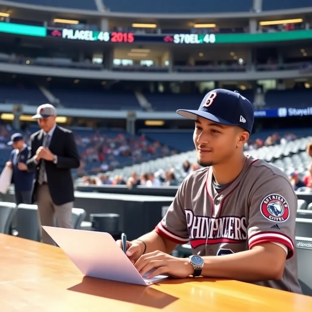 Baseball player signing a college scholarship in a stadium.