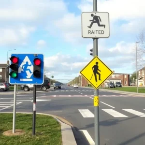 Road safety signage with improved traffic lights and markings.