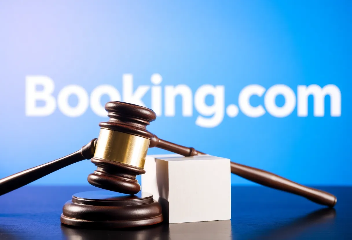 Gavel hitting block with Booking.com logo in background